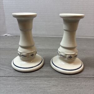 Longaberger Pottery Woven Traditions 2 Heritage Blue Candle Stick Holder 5’